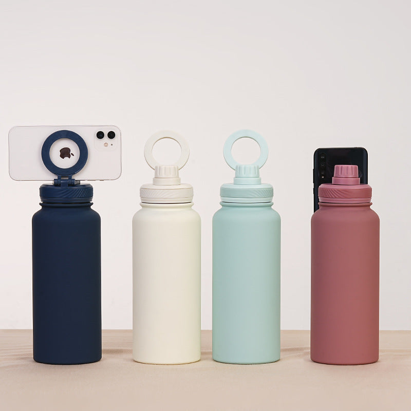 Coolora HydroMount Bottle lineup showing phone mount feature in Navy, Ivory, Mint and Pink